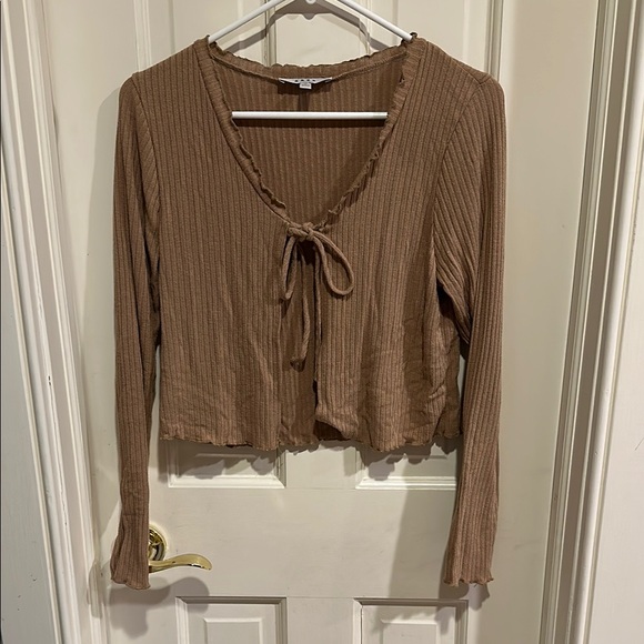 Gaze Brown Ribbed Tie-Front Crop Blouse - Picture 1 of 3